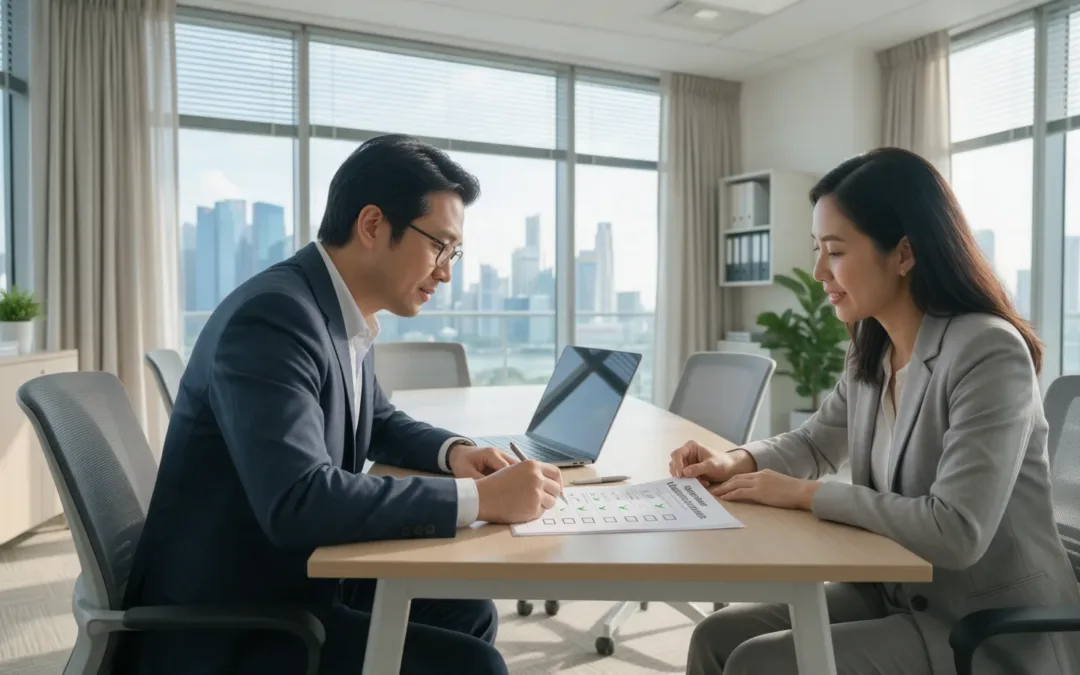 Business owner and consultant in Singapore working through a GEO audit checklist beside a laptop