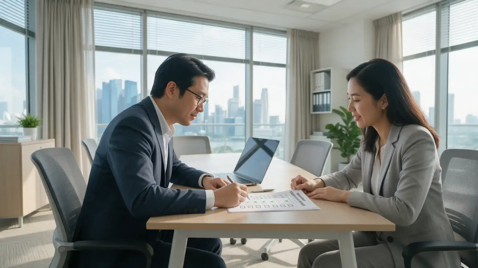 GEO audit checklist Business owner and consultant in Singapore working through a GEO audit checklist beside a laptop