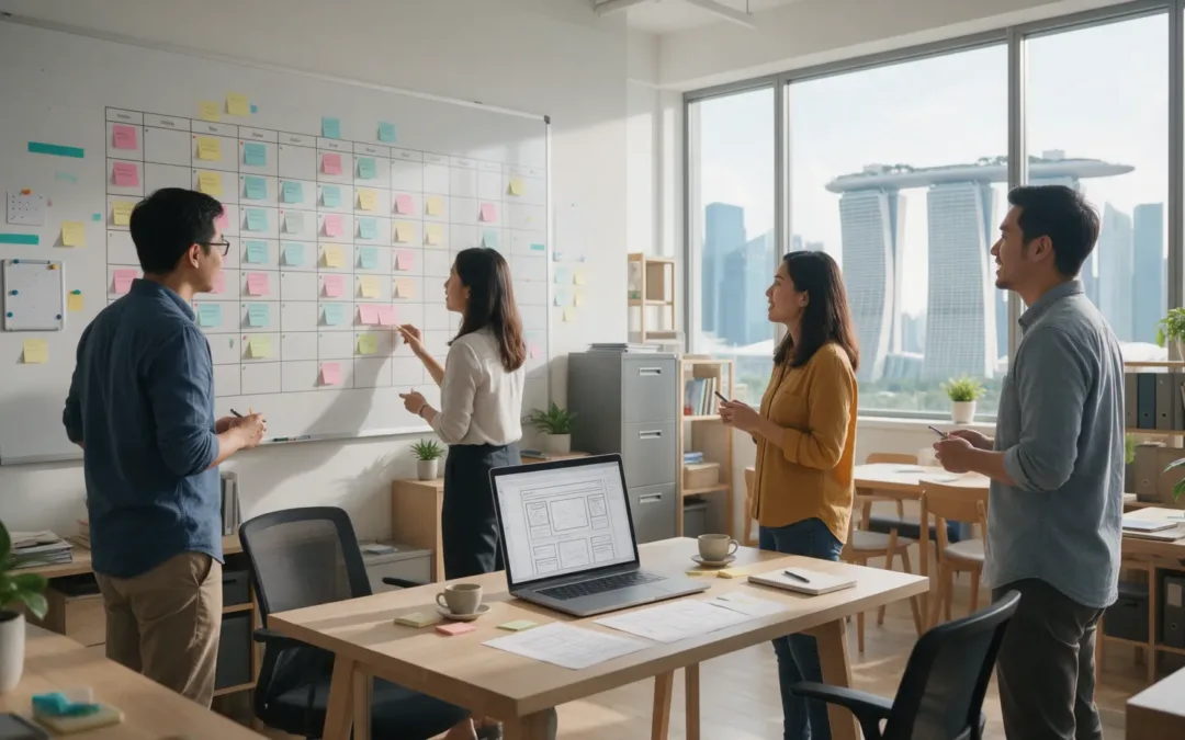 Web design team in a Singapore office reviewing a website project timeline on a wall planner