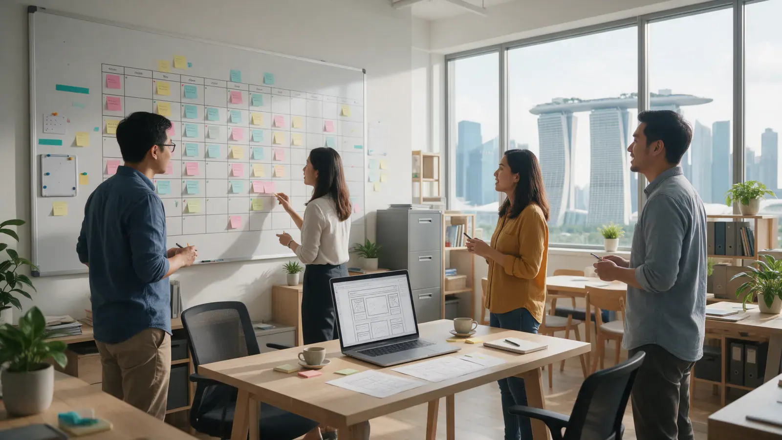 How long to build a website in Singapore Web design team in a Singapore office reviewing a website project timeline on a wall planner